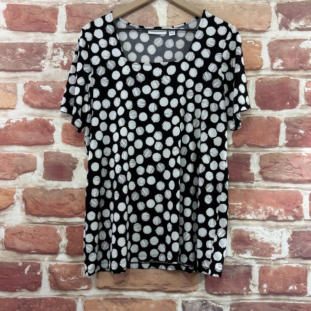 Susan Graver Top Women's Large Black Polka Dot Abstract Casual Stretchy Shirt